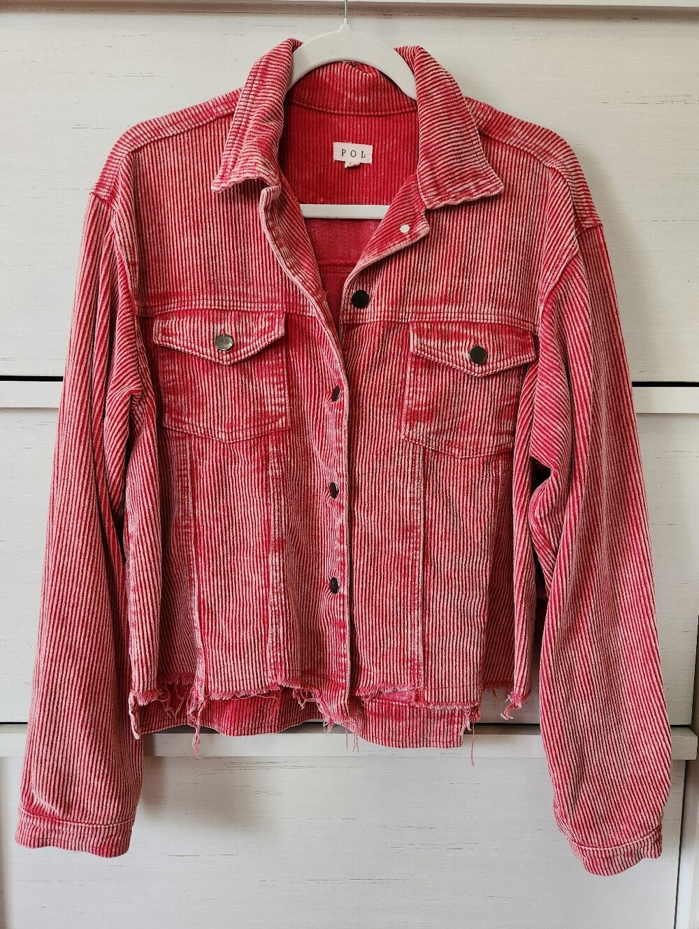 POL Pocket Front Button Down Corduroy Distressed Trucker Jacket Faded Red Medium